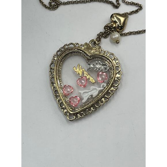 BETSEY JOHNSON Vintage Kitty White Cat Meow Floating Charm Pearl Heart Necklace - Picture 6 of 10